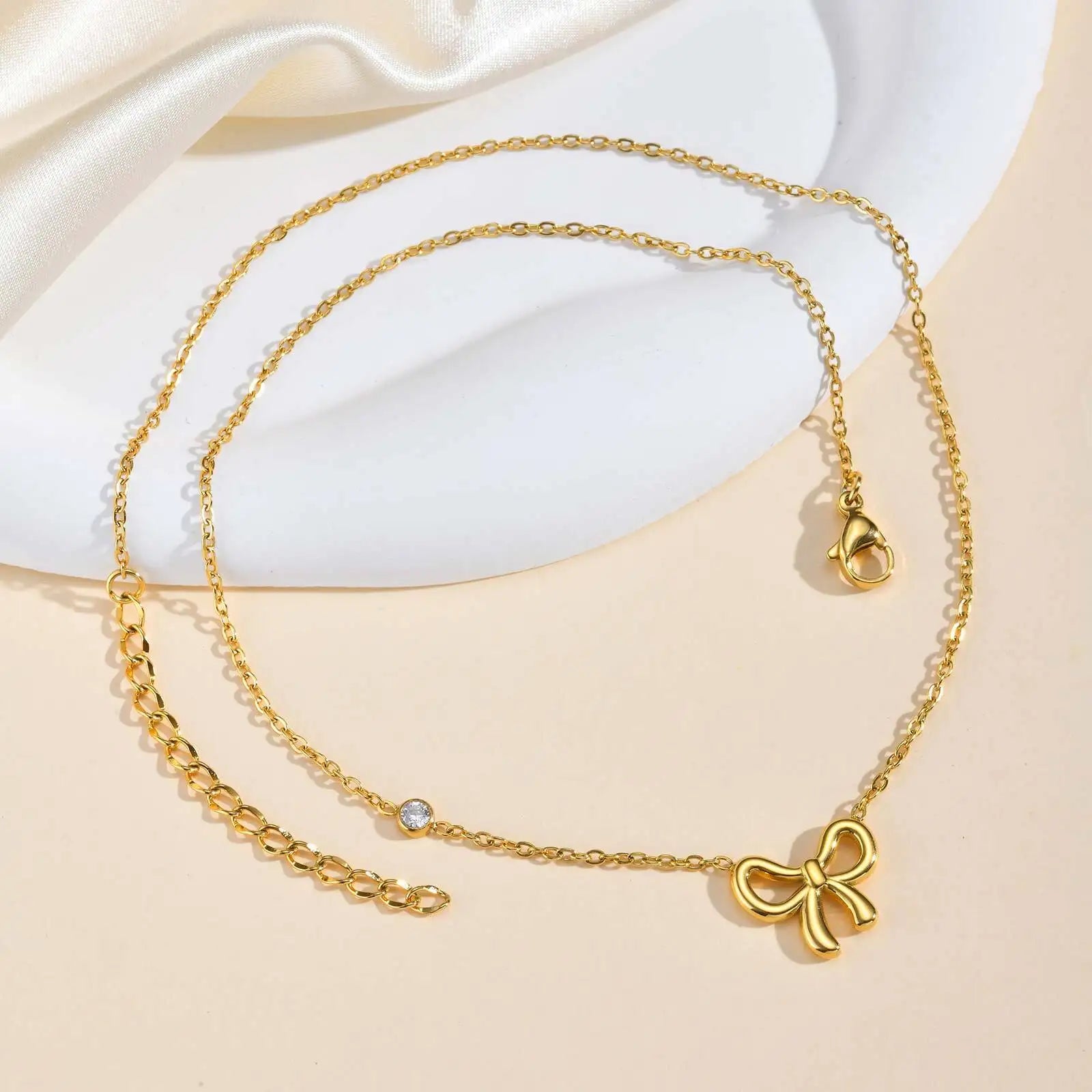 Vnox Gold Color Bow Single Zircon Chain Necklace For Women Stainless Steel Heart  Accessories Pendent Necklace Light Jewelry