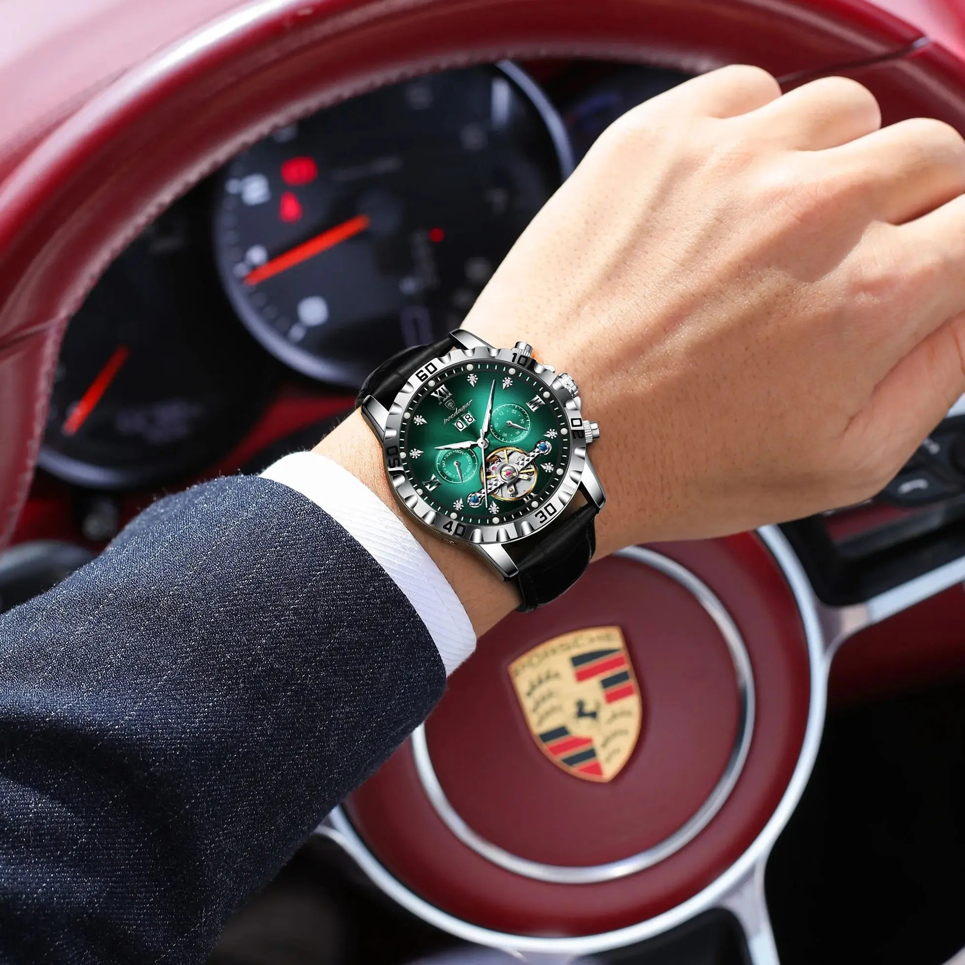 POEDAGAR Top Luxury Men's Watches Original Mechanical Leather Men Clock Date Week Hollow Tourbillon Automatic Man Watch Male+Box