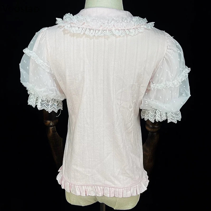 Japanese Sweet Lolita Shirts Women Kawaii Cute Puff Short Sleeve Lace Ruffles Slim Blouses Tops Girls Y2k Clothes Blusas Mujer