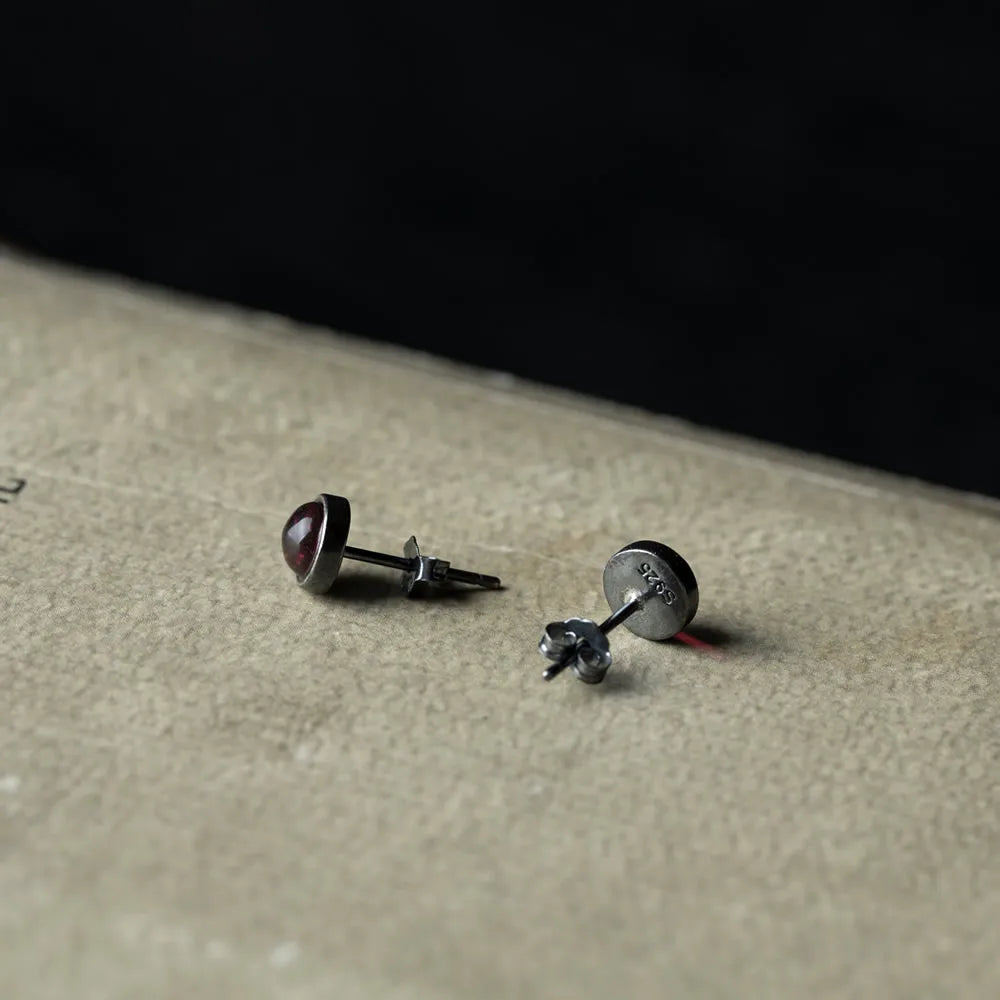 MKENDN New 100% 925 Sterling Silver Earrings Men Women Vintage Round Stud Earrings With Wine Stone Personality Jewelry