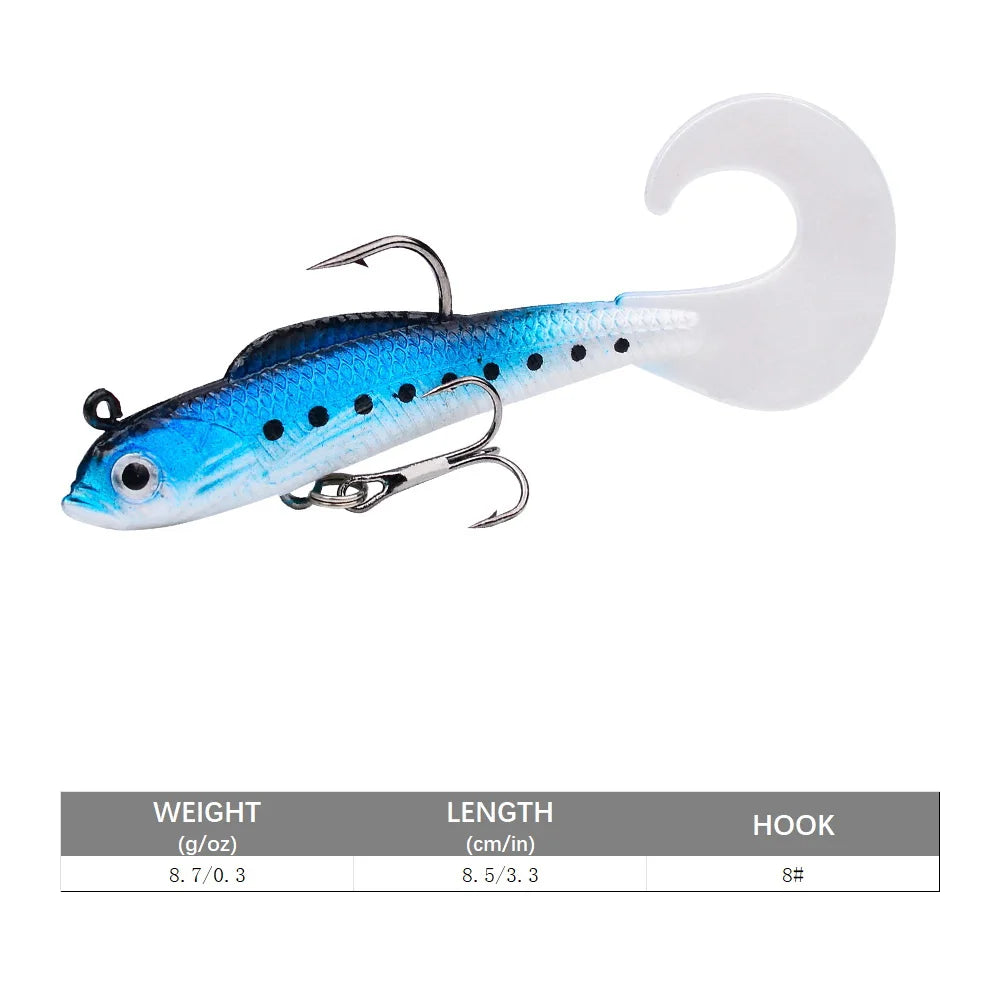 1pc Soft Bait Rubber Fishing Lure 75mm 85mm Artificial Sinking Swimbait Curly T Tail Jig Head Fishing Tackle Goods For Bass Pike