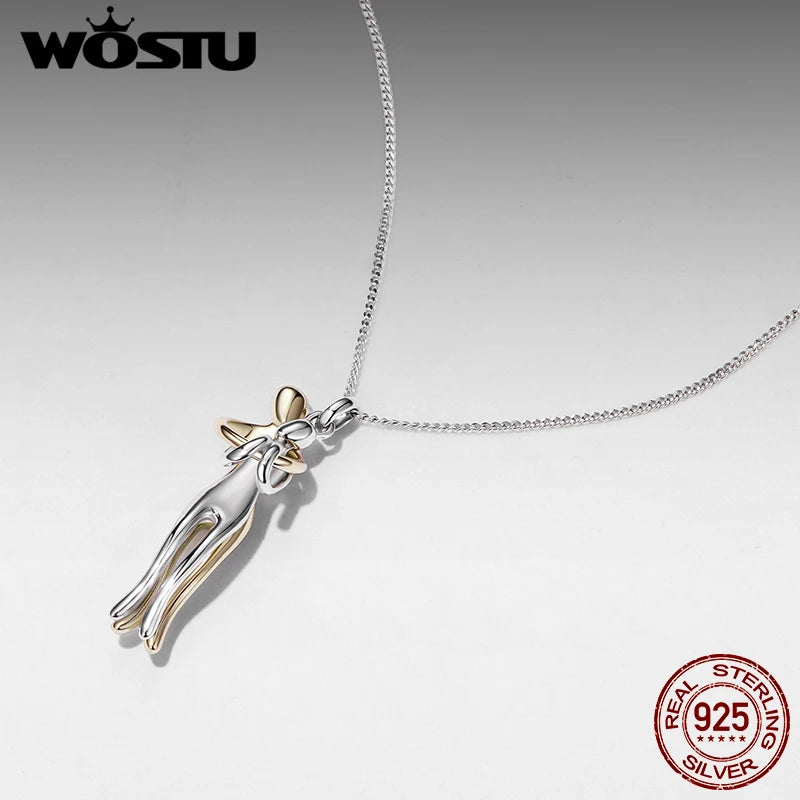 WOSTU Real 925 Silver Hug Couple Pendant Necklace For Love, Silver Gold Two-tone Him & Her embrace Pendant Valentine's Gift