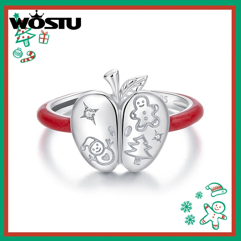 WOSTU 925 Sterling Silver Christmas Apple Open Ring Unique Adjustable Rings Xmas Gift For women