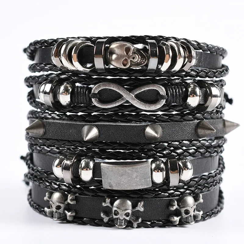 8 Fashion Bracelet Viking Bracelet For Men Hand Bracelets Woven Skull Hand Jewelry Adjustable Leather Set Bracelet For Leather