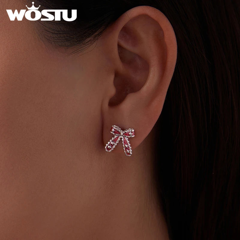 WOSTU Solid 925 Sterling Silver Silver Red Bow Earrings with Stars, Cute Xmas New Year Gift