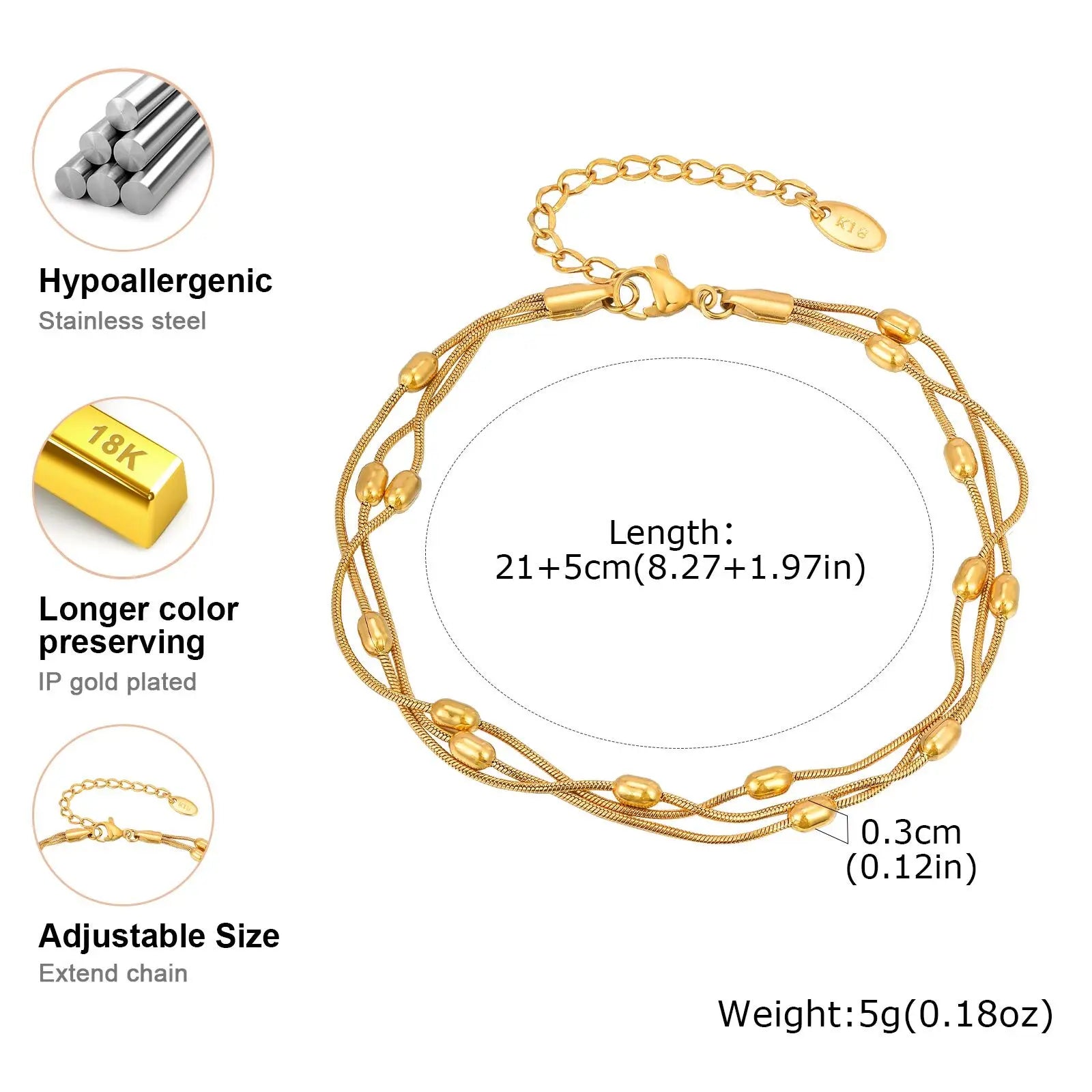 Vnox Summer Stainless Steel Three-layer Snake Chain Anklets For Women Gold Color Circle Bead Foot Hand Jewelry Fashion Style