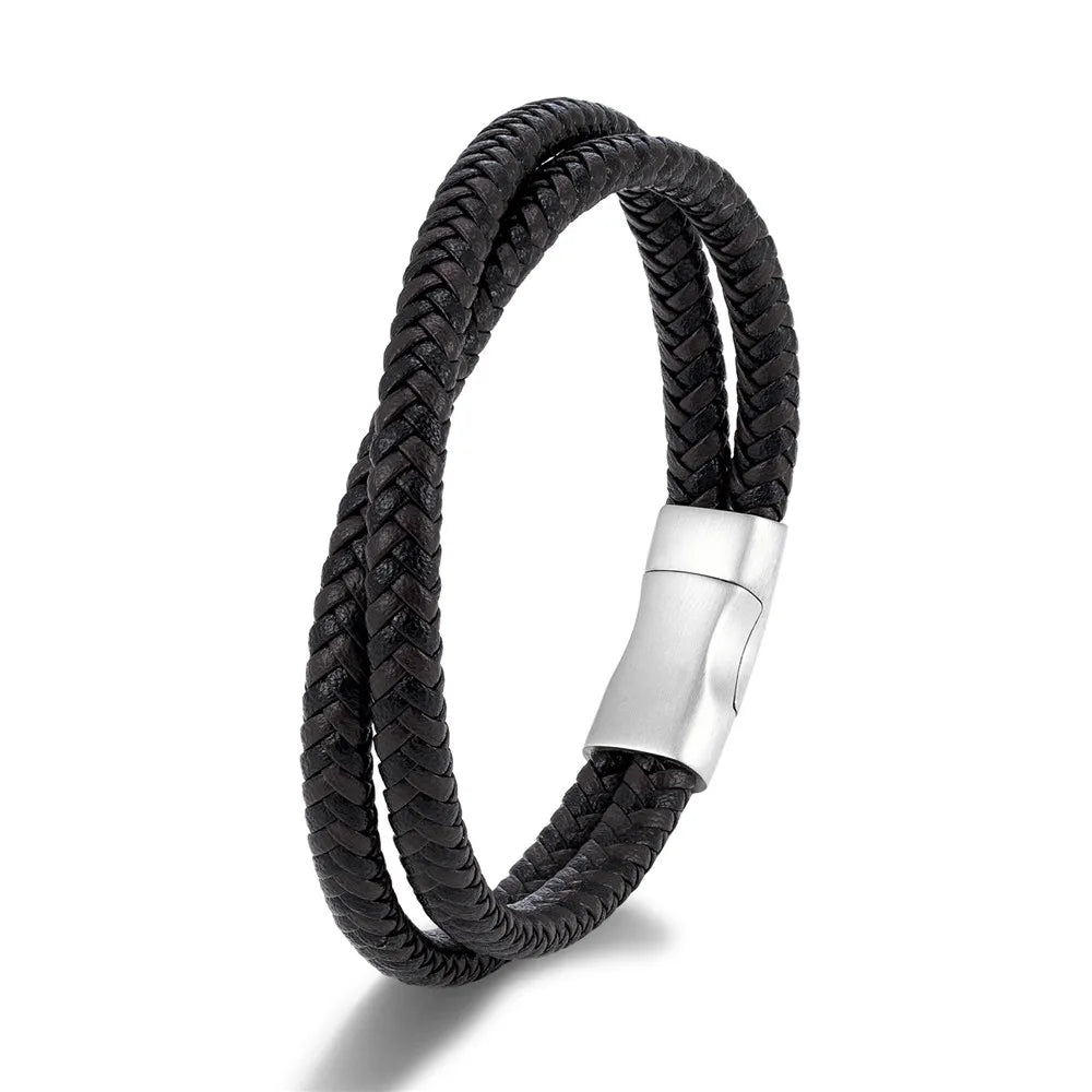 MKENDN Simple Style Men Braided Blue Brown and Black Leather Bracelet Matte Black Stainless Steel Button Accessories Jewelry