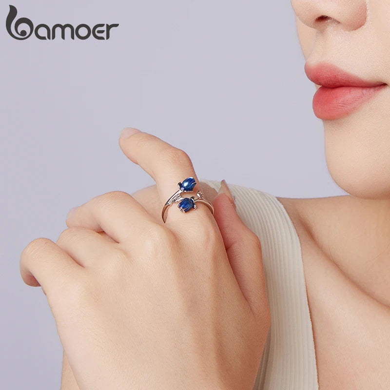 BAMOER 925 Sterling Silber Rosenring mit blauer Emaille, 3D-Blumenring für Damen und Mädchen, Verlobungsgeschenk, Liebesgeschenk, Glücksbringer