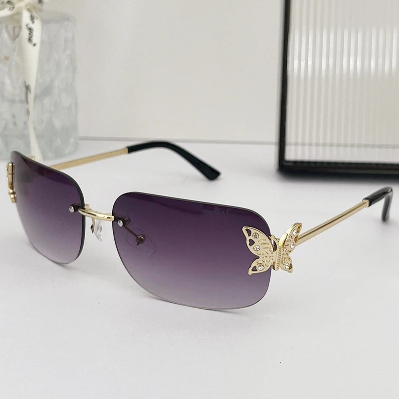 2025 Y2K Luxus Marke Designer Randlose Quadratische Sonnenbrille Frauen Für Weibliche Trendy Sonnenbrille Diamant Schmetterling Punk Shades UV400