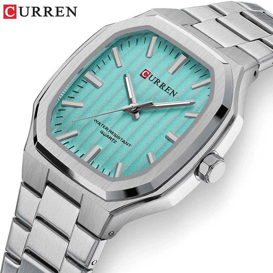 CURREN Luxury Business Square Quartz Watches  Classic Stripe Design Dial with Stainless Steel Band Wristwatch for Men