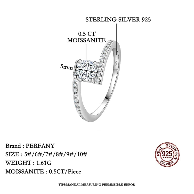 PERFANY 0.5CT Moissanite Ring for Women S925 Pure Silver Shiny Laboratory Diamond Twist Arm Wedding Band Luxury Jewelry