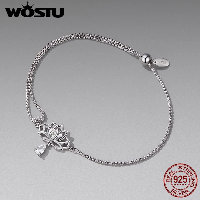 WOSTU Minimalist Lotus Flower Bracelet 925 Sterling Silver, Adjustable Chain with Cubic Zirconia Yoga Meditation Jewelry Gift