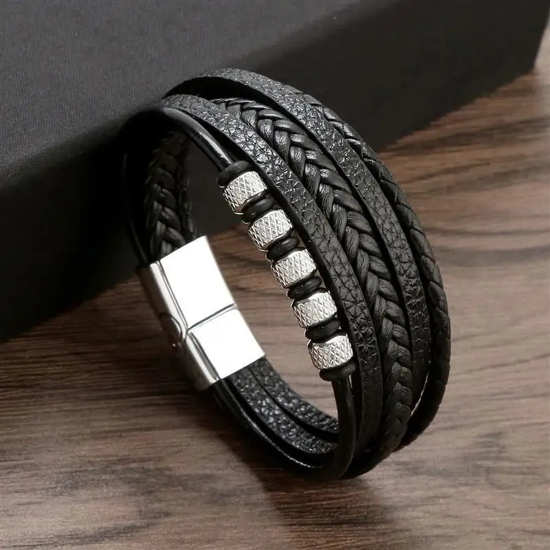 Punk Men Leather Bracelet with Stainless Steel Magnetic Clasp Braided Mutilayer Leather Wrapping Bangles Man Jewelry Gift