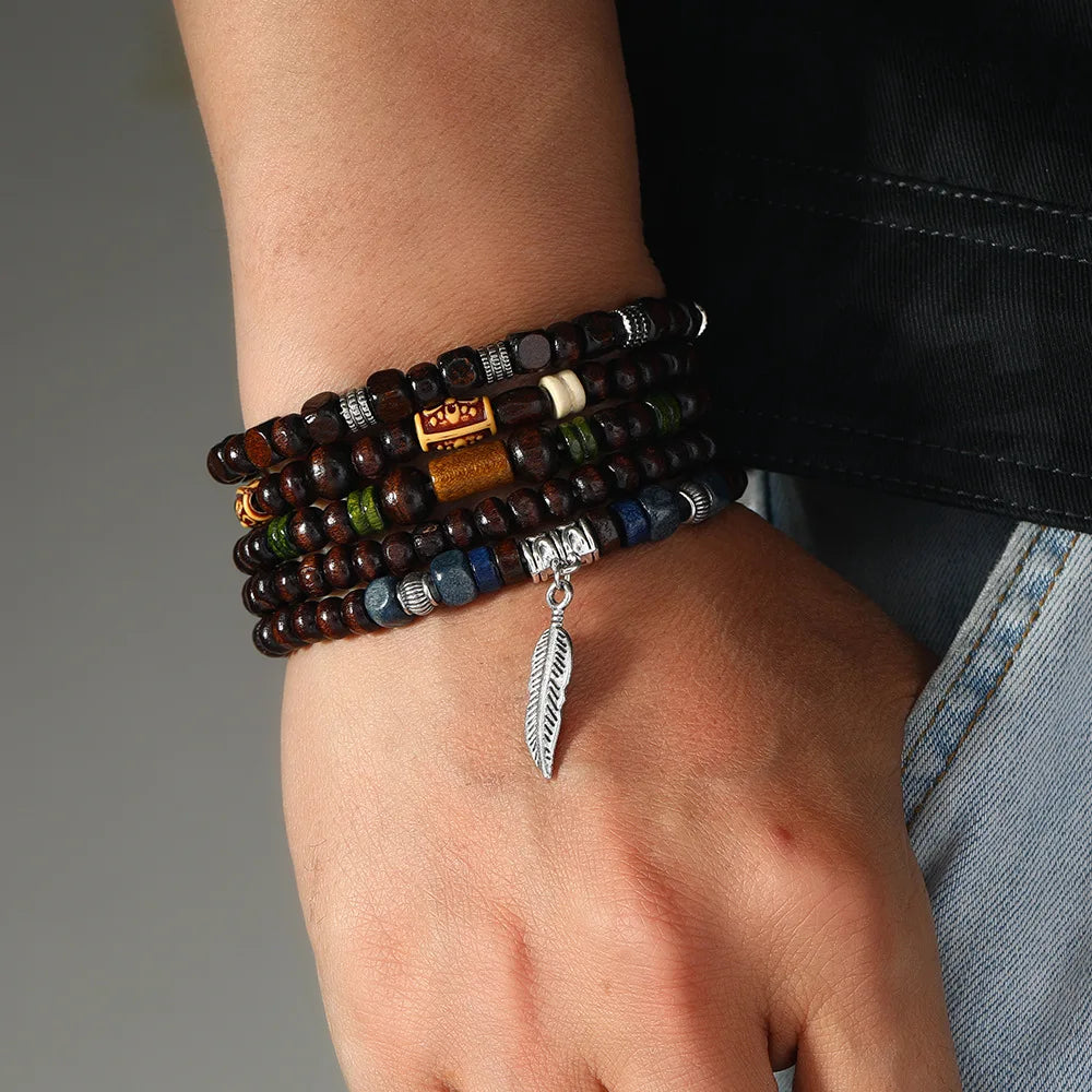 4Pcs/ Set Braided Wrap Leather Bracelets for Men Vintage Life Tree Rudder Charm Wood Beads Ethnic Tribal Wristband Rope Bracelet