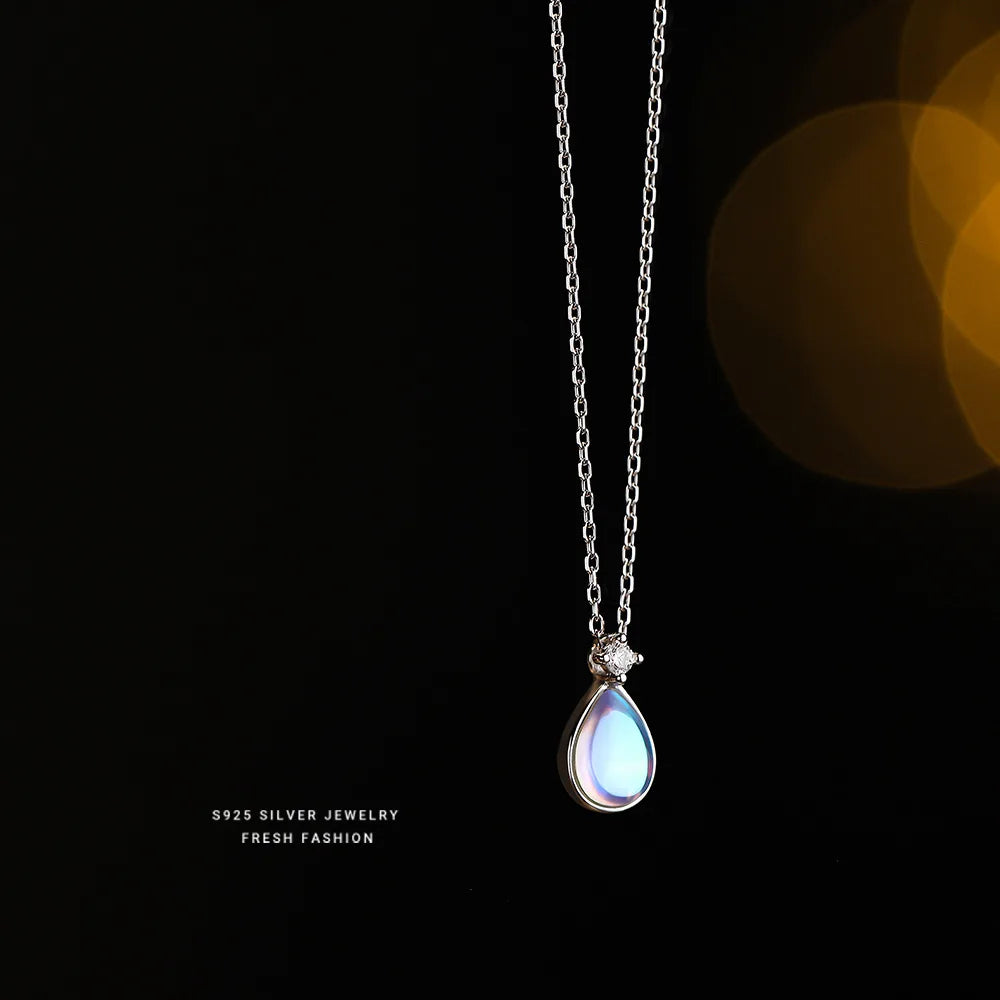 925 Sterling Silver Moonstone Water Drop Pendant Necklace for Women Vintage Elegant Temperament Jewelry Accessories