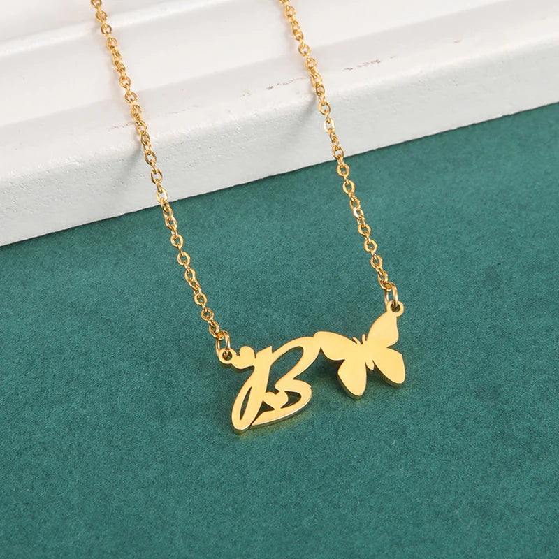 New Fashion 26 Initials Letter Pendant Butterfly Necklace for Women Elegant Stainless Steel Gold Color Necklace Jewelry Gift