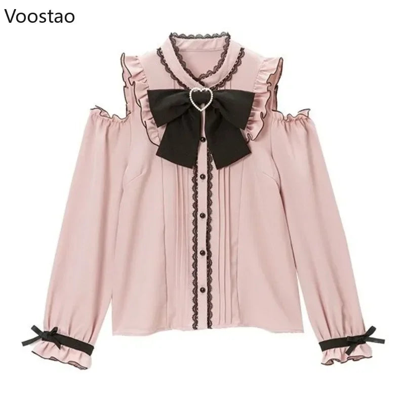 S-4XL Kawaii Women Lolita Shirts Bow Hearts Buckle Blouse Y2k Japanese Hollow Out Long Sleeve Sweet Tops Office Ladies JK Shirt