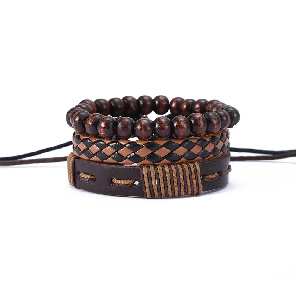 3-4Pcs Vintage Leather Bracelet Set For Men Tree of Life Charm Black Woven Rope Beads Chain Wrap Bangle Women Handmade Jewelry