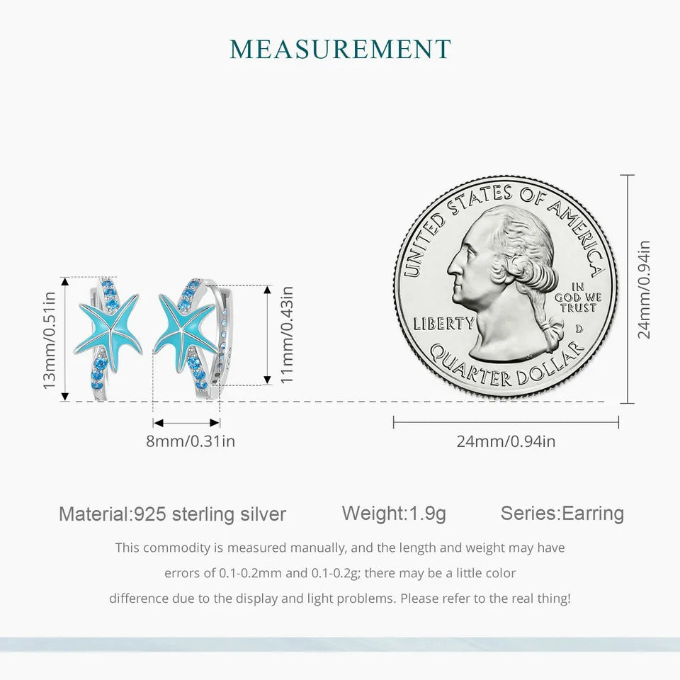 Boucles d'oreilles créoles en argent sterling 925 BISAER en forme d'étoile de mer avec zircon bleu plaqué platine pour femme, bijoux fins pour fête sur la plage