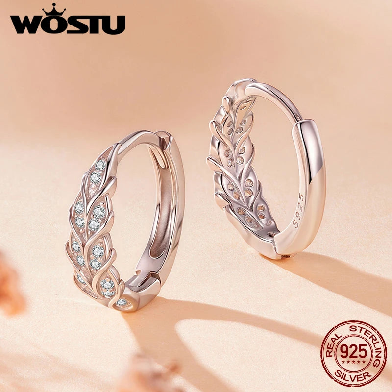 WOSTU 925 Sterling Silver AAA Zircon Wheat Opening Ring Hoop Earrings For Women Wedding Engagement Jewelry Set Fine Gift