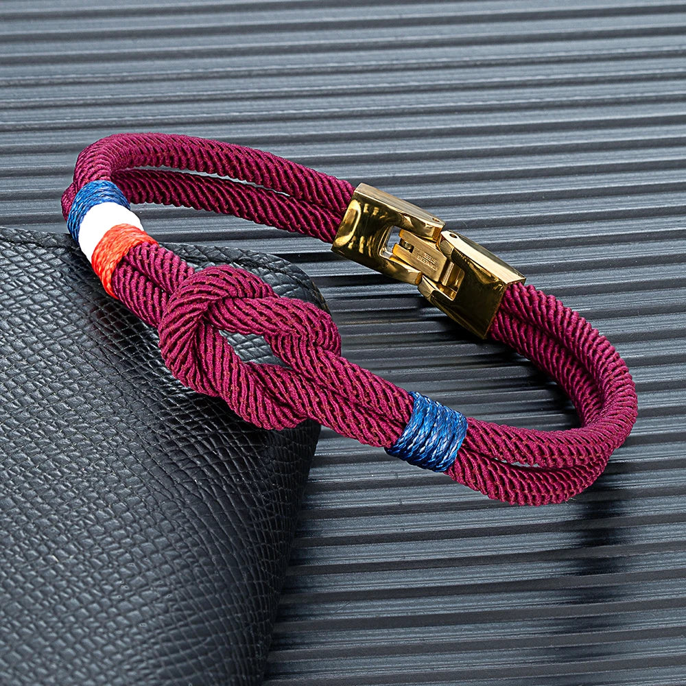 MKENDN Gold Plated Stainless Steel Square Knot Rope Bracelet Men Women Handmade Woven Double-Layer Design France USA Flag Gifts