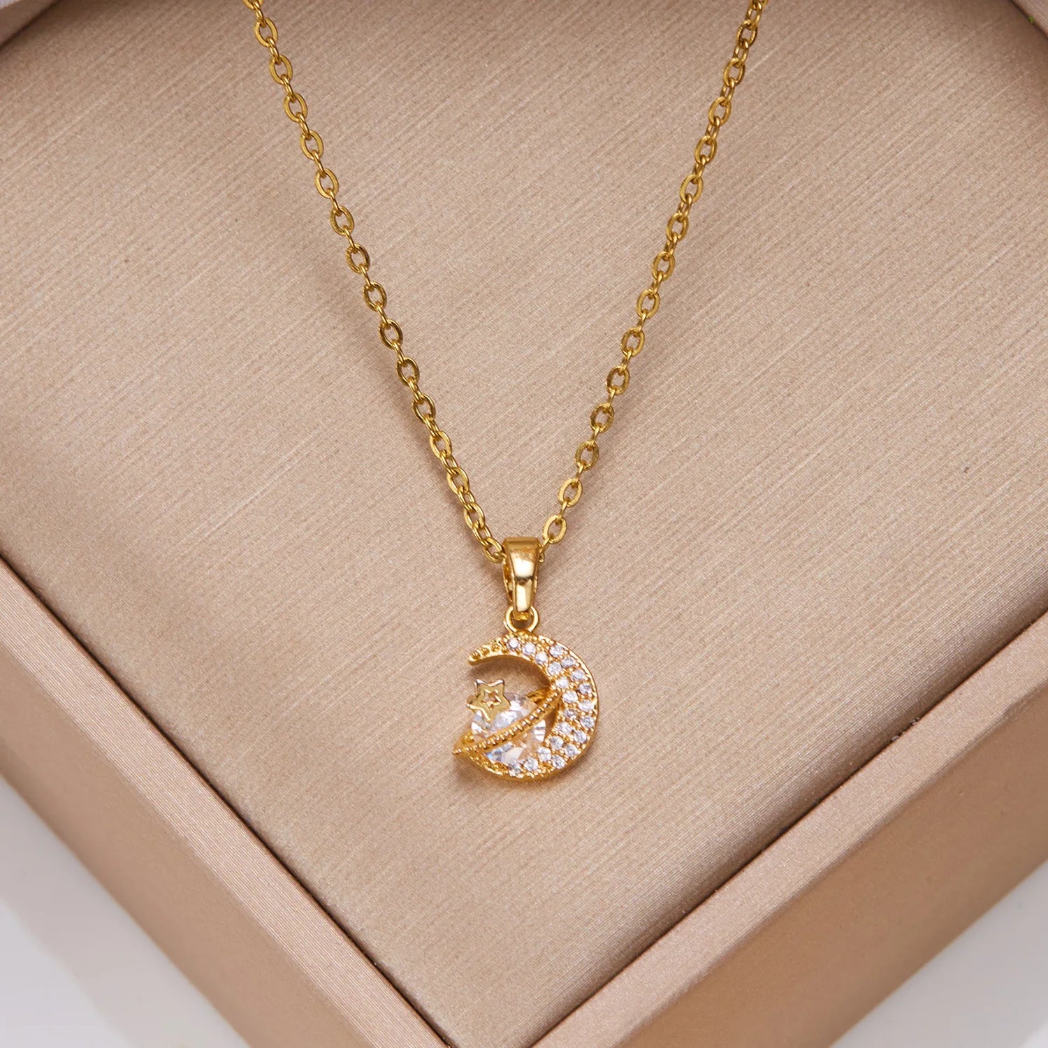 Stainless Steel Inlaid Zircon Moon Star Pendant Necklace For Women Lucky Turkish Evil Eye Clavicle Chain Choker Party Jewelry