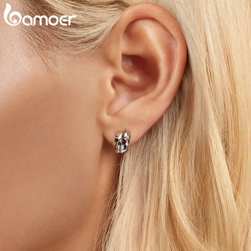 BAMOER 925 Sterling Silver Cool Skull Stud Earrings Red Heart-shaped CZ Hypoallergenic Earrings for Women Fine Jewelry SCE1771