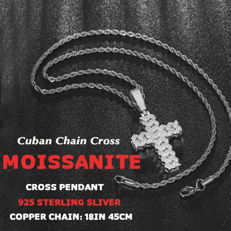 TUHE Full Moissanite Cross Pendant Necklace Original 925 Sterling Sliver Chain Plated 18k White Gold Fine Necklace For Women