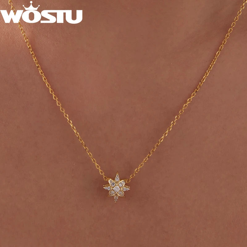 WOSTU 925 Sterling Silver Sparkling Star Pendant Necklace For Women, 18K Gold AAA Zircon Wedding Starburst Charm Necklace DIY