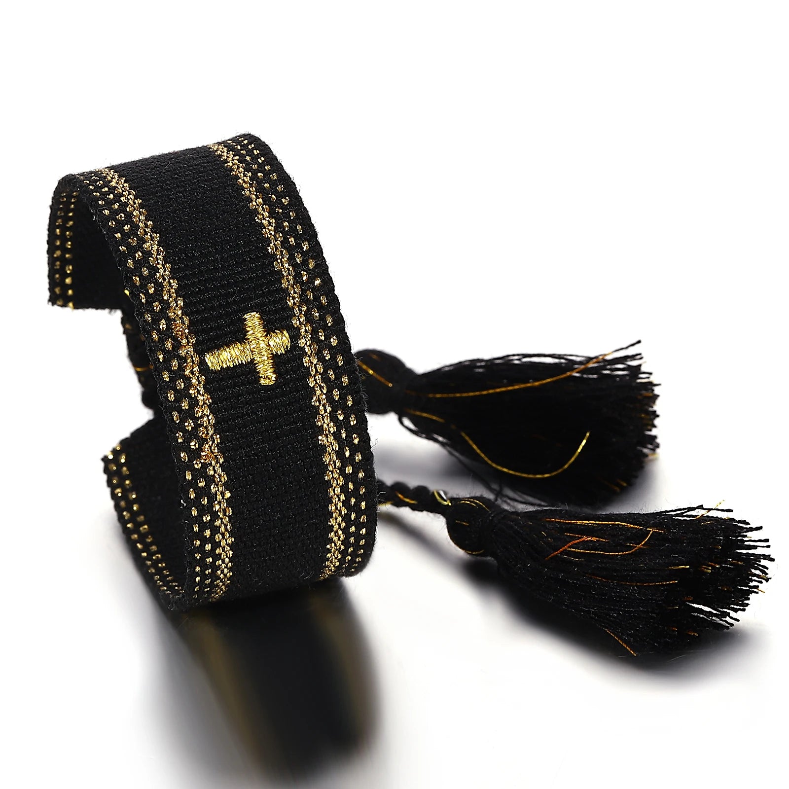 ANESOA Cross Stitch Wrist Strap Bohemia Hand-woven Tassel Bangle For Women Embroidery Personality Cotton Rope Webbing Bracelet