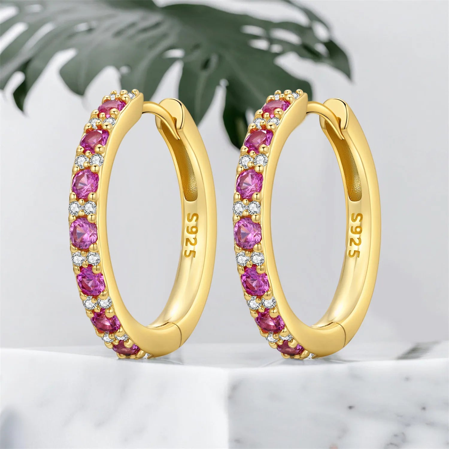 PANPOKI S925 Sterling Silver Rose Pink Zircon Design Earrings Versatile Hoop Earrings For Women Jewelry Original Party Gifts