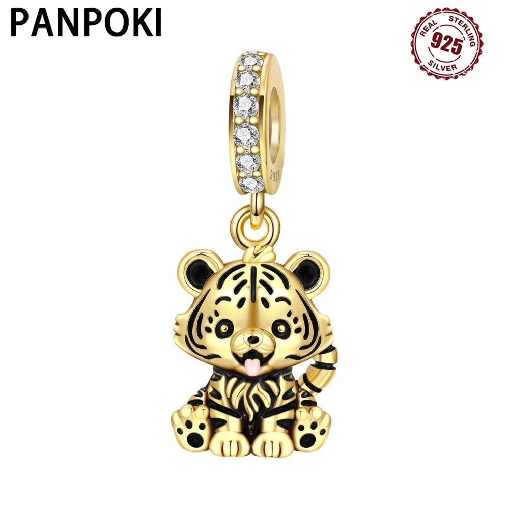 PANPOKI 925 Sterling Silver Cute Little Tiger Animal Pendants Bracelet Charms Fit Women Jewelry Party Beads DIY Trendy Gifts