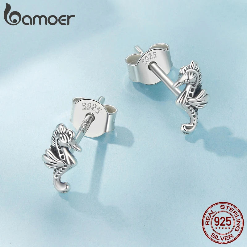 BAMOER 925 Sterling Silver Cute Seahorse Earrings, Small Animal Huggie Stud Earrings Jewelry Gifts for women Teen Girls SCE1871