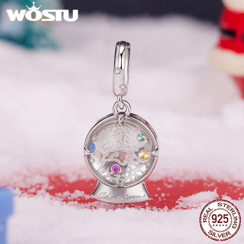 WOSTU 925 Silver Christmas House reindeer Beads Xmas bell Safty Chain Charms, Crystal Ball snowflake Pendant DIy Jewelry Gift