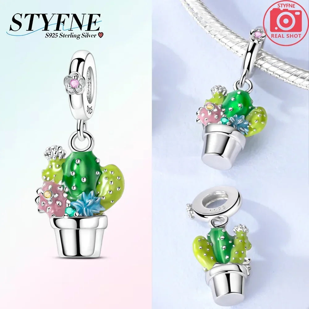 925 Sterling Silver Green Series Tree Cactus Leaves Pendant DIY Charm Beads Fit Original Bangle Charms Bracelet Women Jewelry