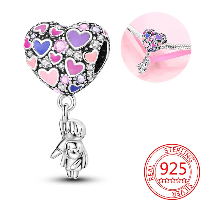 925 Sterling Silver Sparkling Pink Heart Charm Pendant Beads Fit Original Bracelet for Women Valentine Day Jewelry Gifts