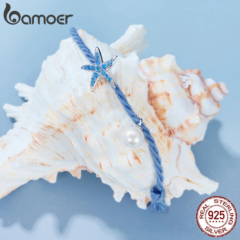 BAMOER 925 Sterling Silber Seestern-Perlenarmband, verstellbare Länge, Boho-Stil, Partyschmuck, Geburtstagsgeschenk für Frauen