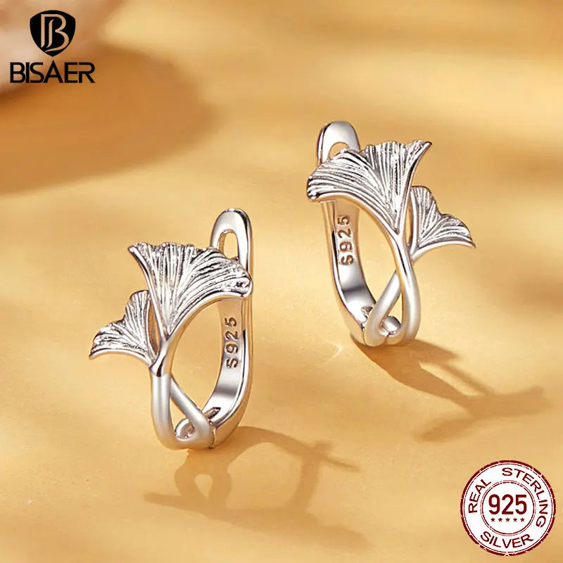 Boucles d'oreilles créoles en argent sterling 925 en forme de feuille de ginkgo plaqué or blanc pour fille, bijoux de mariage romantique, cadeau d'automne