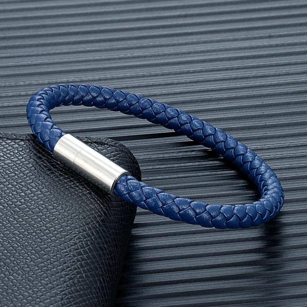 MKENDN Classic Blue Braided Leather Bracelet Stainless Steel Magnetic Buckle Bangle Simple & Stylish Couple Jewelry Gift for Him
