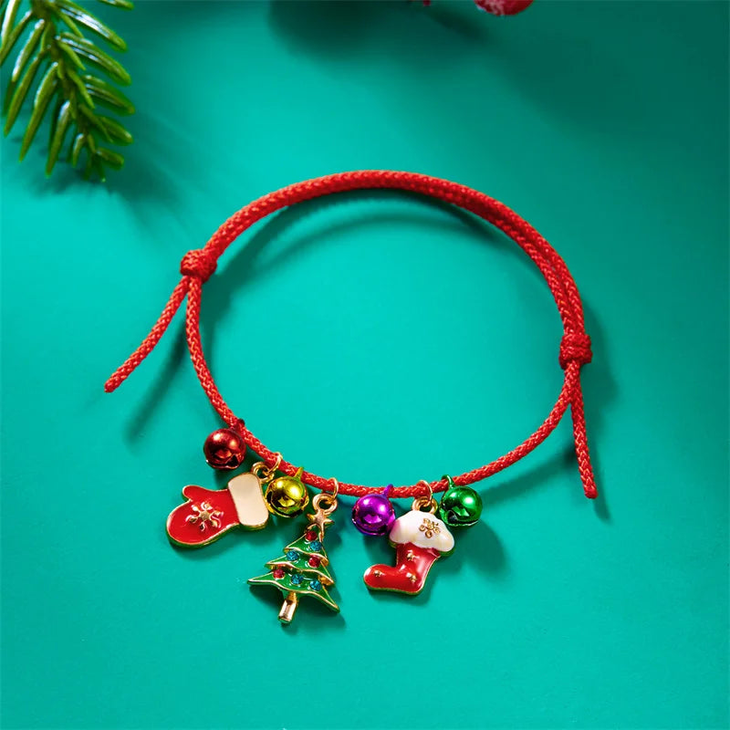 Christmas Handwoven Braided Bracelet For Women Santa Claus Xmas Tree Snowman Crutch Wreath Bell Beaded Adjustable Bracelets