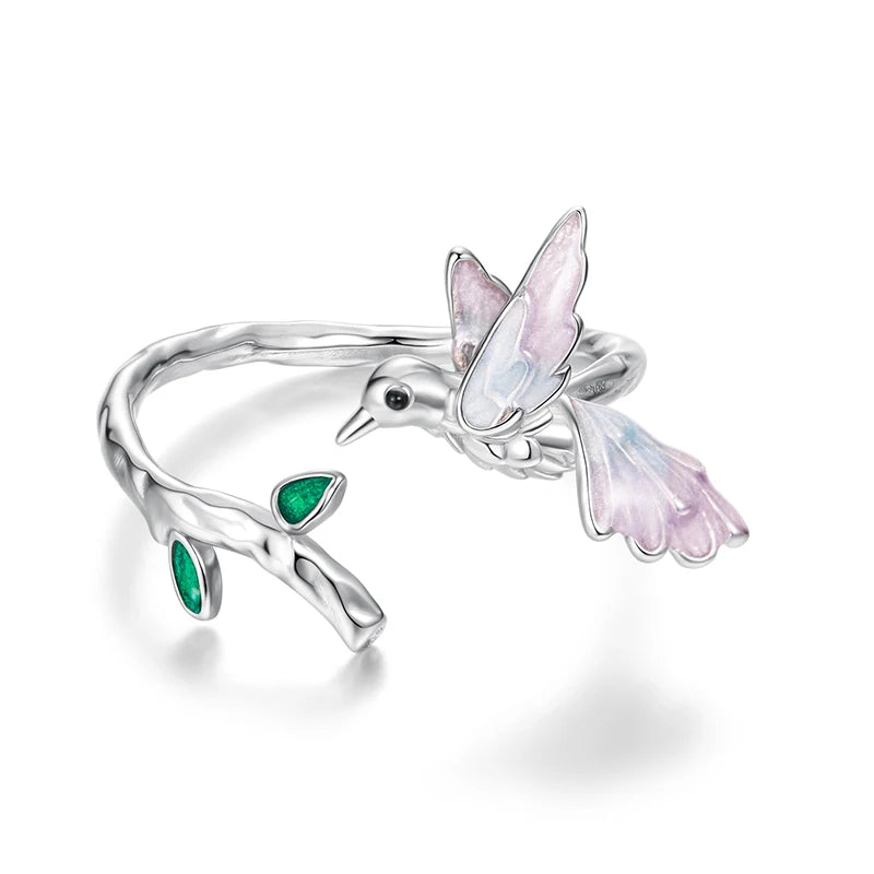 WOSTU 925 Sterling Silver Kingfisher Open Ring For Women, Pink Green Leaf bird Stackable Rings Fine Jewelry Party Gift