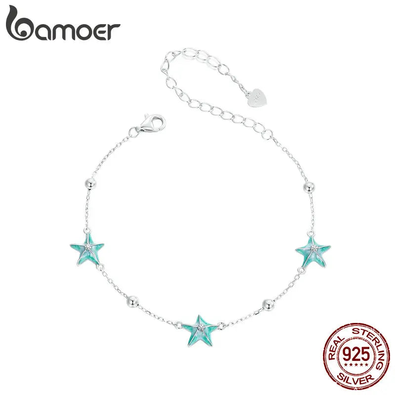 925 Sterling Silver Gradient Blue-green Starfish Link Chain Bracelets for Women Ocean Series Jewelry Gift SCB276