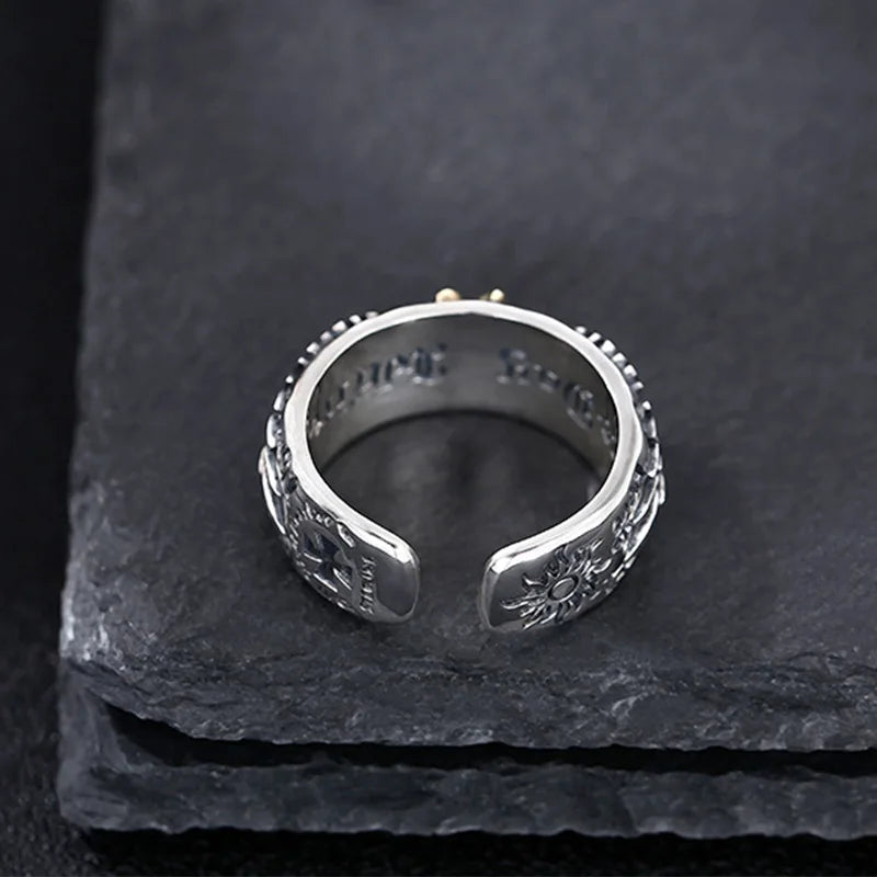 Retro Sun Wings Graffiti Ring For Men Silver Color Punk Gothic Adjustable Ring Handmade Rock Unisex Jewelry Accessories Man Gift