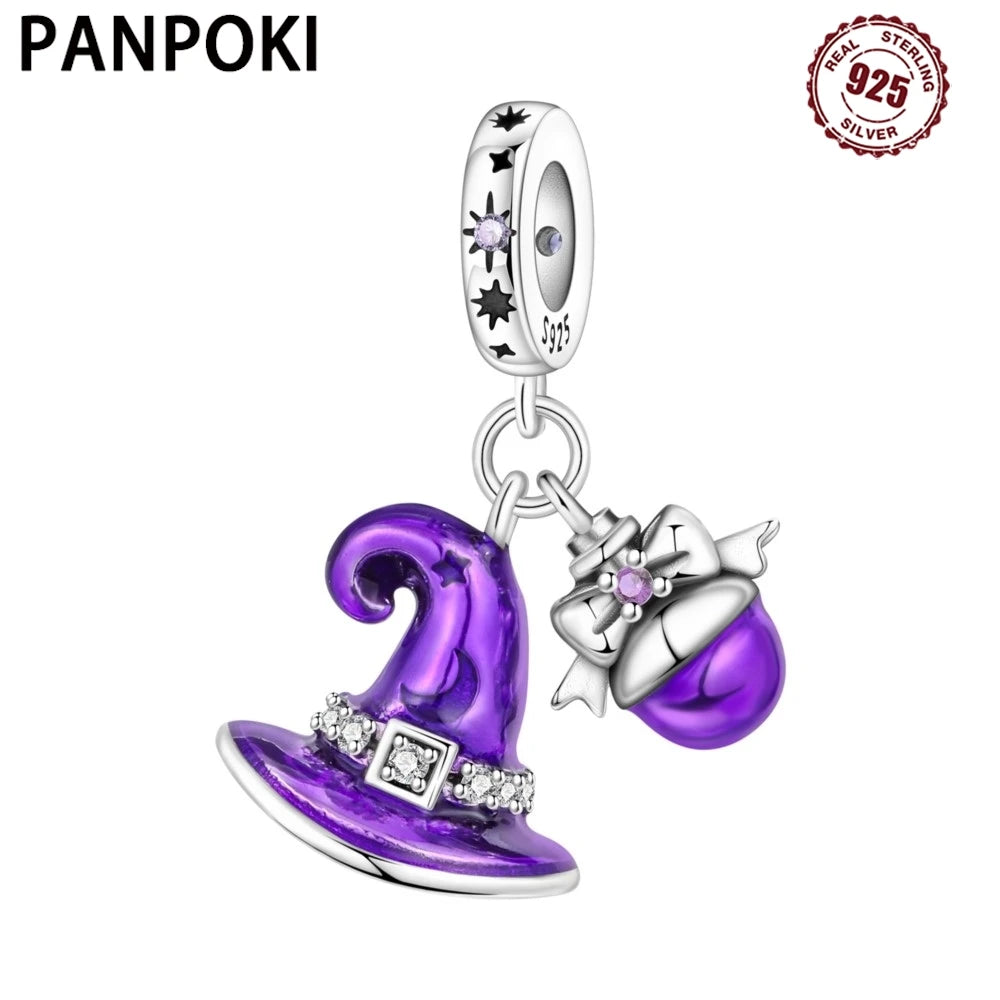 PANPOKI 925 Sterling Silver Purple Magic Hat Pendant Charms Beads Fit Bracelets DIY Party Trendy Gifts Jewelry Accessory