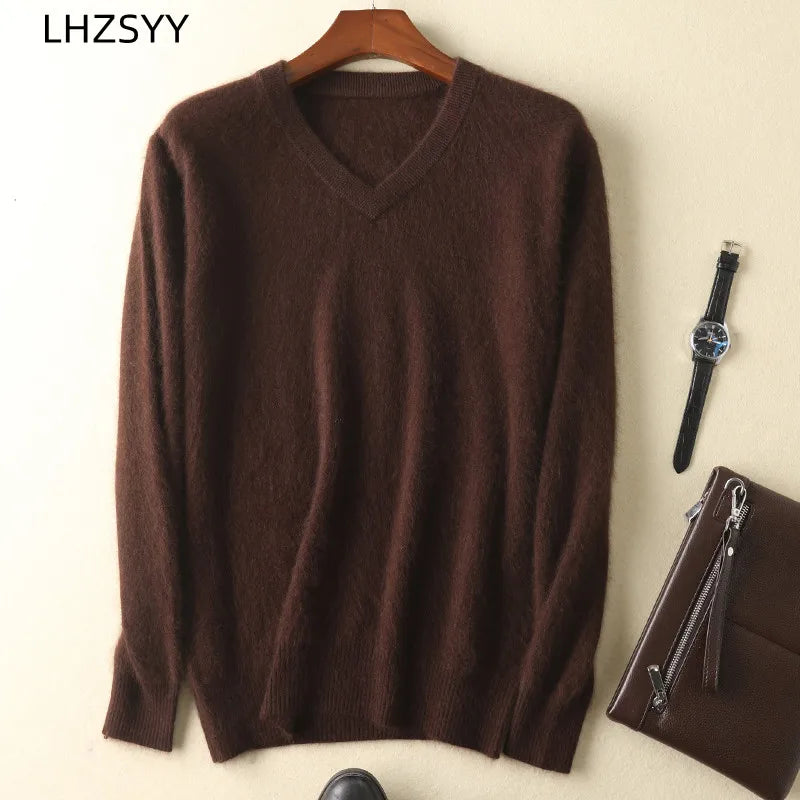 LHZSYY Men's 100% Mink Cashmere Large Size Sweaters Autumn Winter Solid V-neck Casual Knit Pullovers Men Long Sleeve Warm Jumper - Madeinsea©