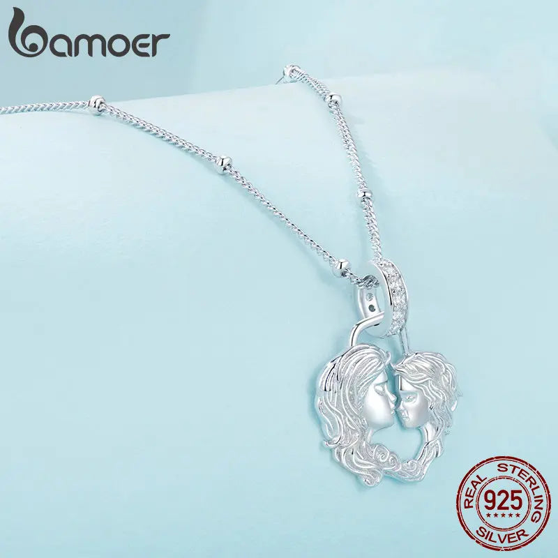 Sterling Silver Mom and Son Pendant Necklace / Heart-shaped Necklace for Women