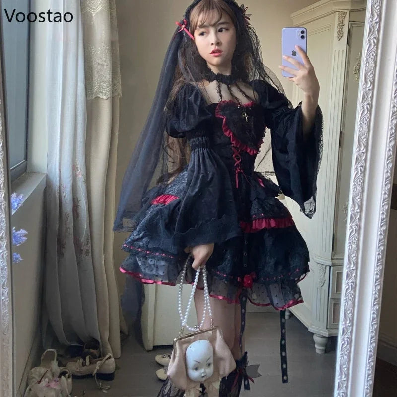 Gothic Lolita Jsk Dresses Victorian Women Elegant Lace Halter Neck Dark Mini Dress Girls Punk Y2K Halloween Holiday Party Dress