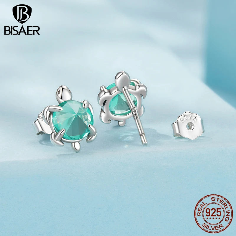 BISAER 925 Sterling Silver Turtle Stud Earrings Green Glass Stud Ear for Women & Girls Party Fine Jewelry Holiday Gift ECE1879