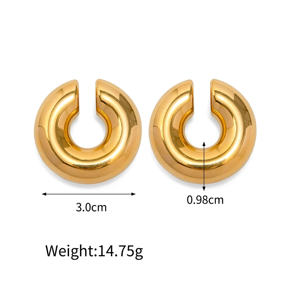 Punk Gold Plated Stainless Steel Chunky Ear Cuff Clip Earrings for Women Exaggerated Thick Round Circle Ear Clip Jewelry Gift