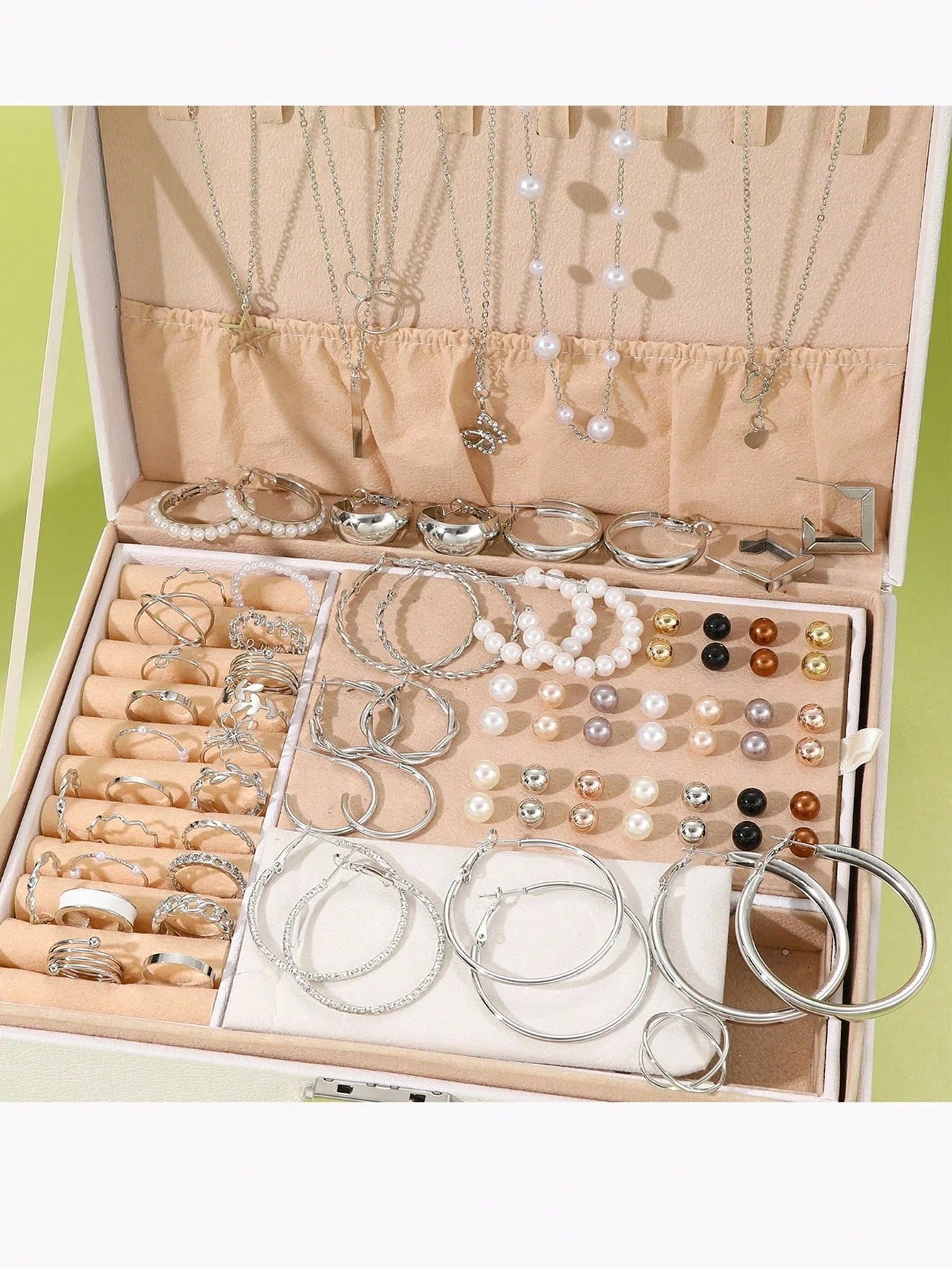 86pcs/Set Elegant Earrings Multi-Layered Necklace Ear Studs Rings 4-In-1 Faux Pearl Jewelry Set For Women Gift (No Box) New